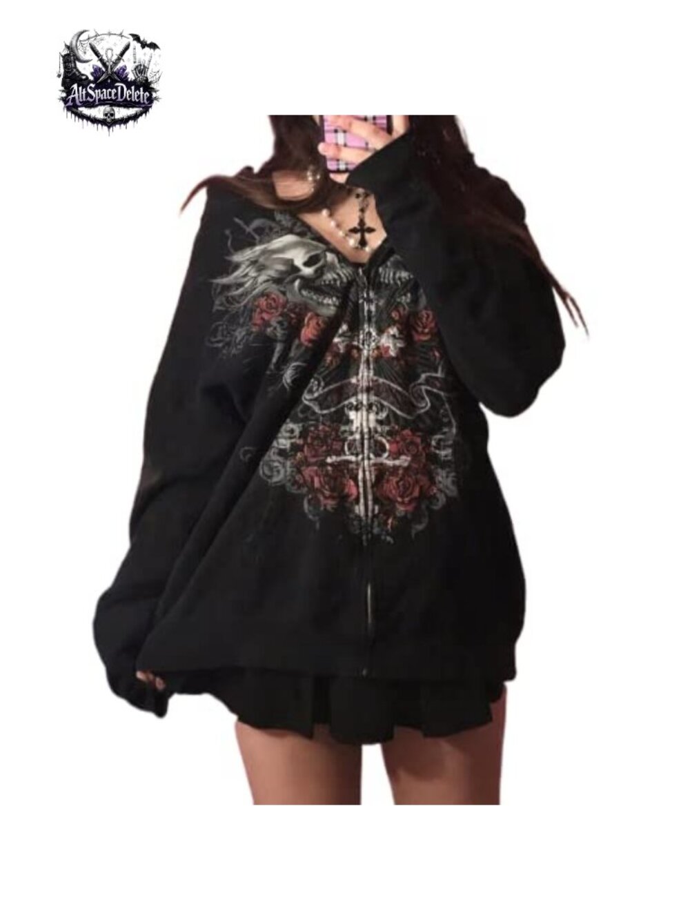 Women's Y2K Grunge Skull Graphic Zip Up Hoodie Oversized Loose Fit